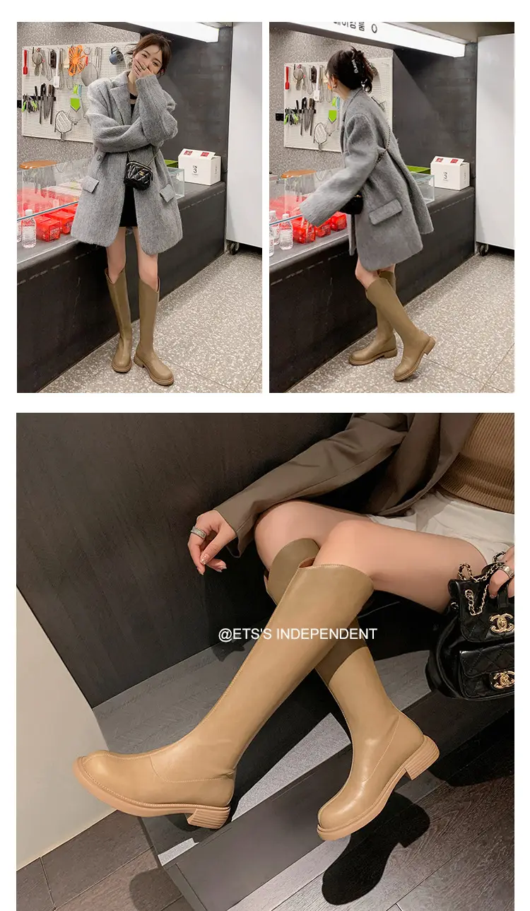 Denim demi-season high boots, visually slimming, genuine leather, 2023 — chobi 29