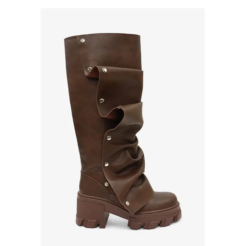 (Cross-border trading), high boots heels platform with studs, metallic color, wide stable heel, round toe, can be worn in two ways, plus size — chobi 8
