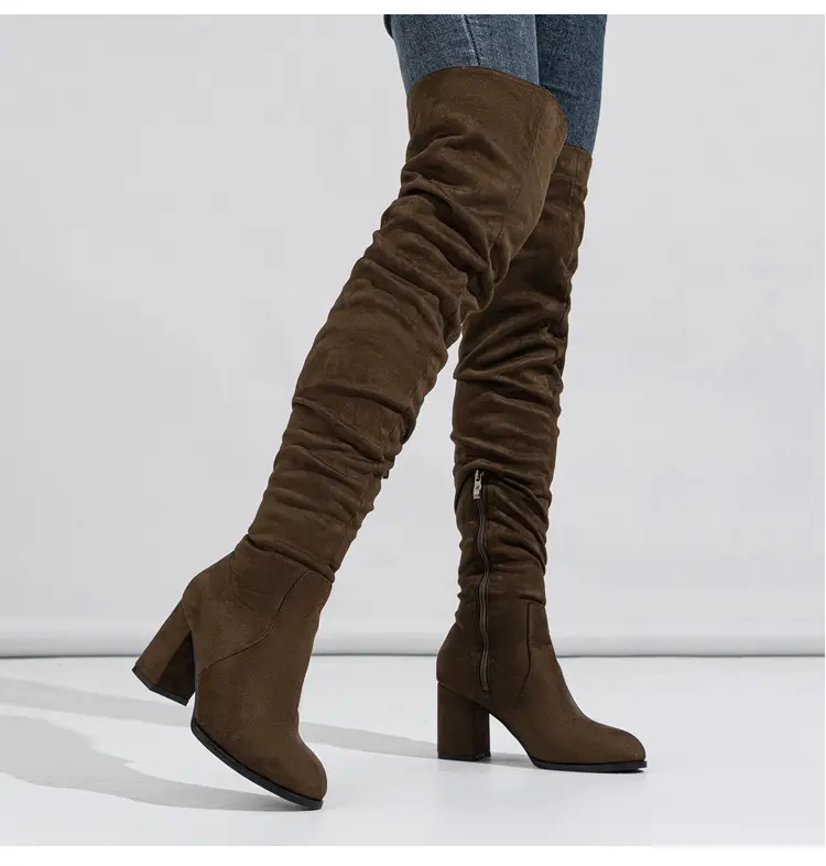 Spot - New foreign trade over-knee boots soft-faced natural wrinkled thick-heeled outdoor street catwalk women's boots size 35-42 — chobi 14