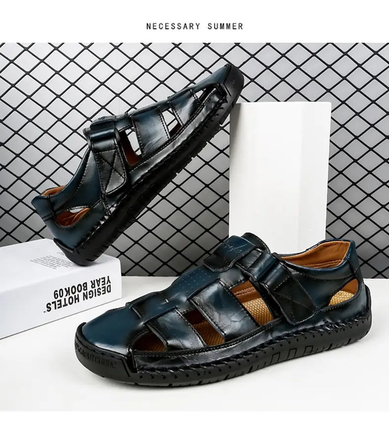 (Cross-border trading), fashionable leather men's slippers with decorative stitching, beach trend sandals, genuine leather, summer 2024 — chobi 23