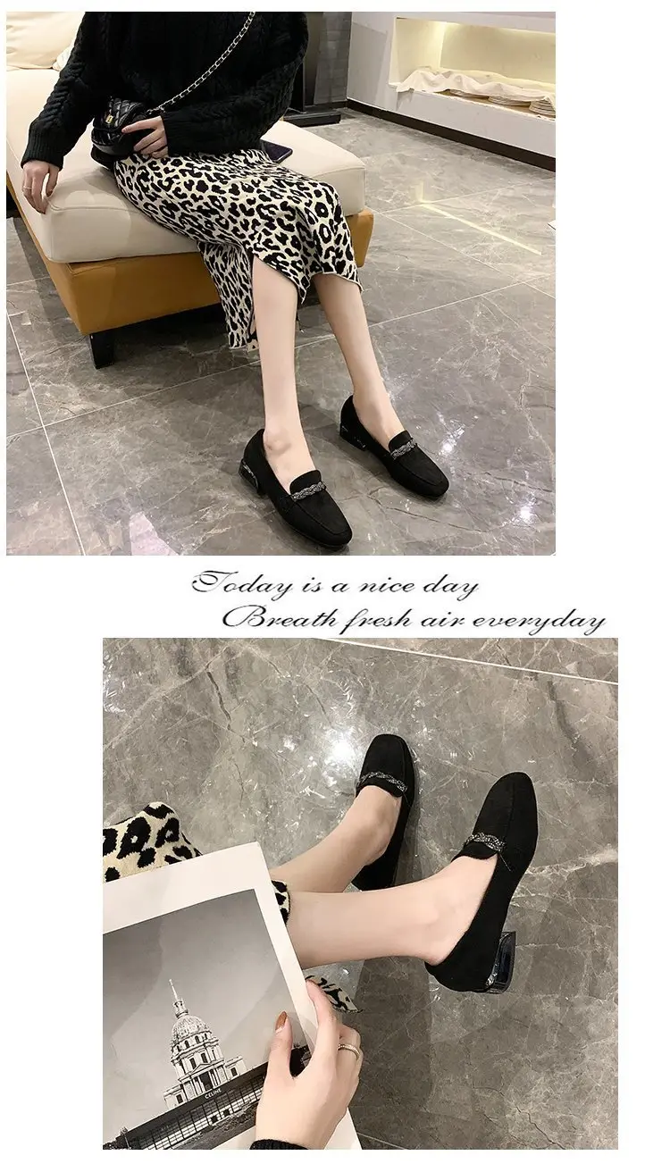 Suede autumn shoes flat English style square toe, loafers, Korean style, British style, low heel, wide stable heel, French vintage style, non-slip sol — chobi 12