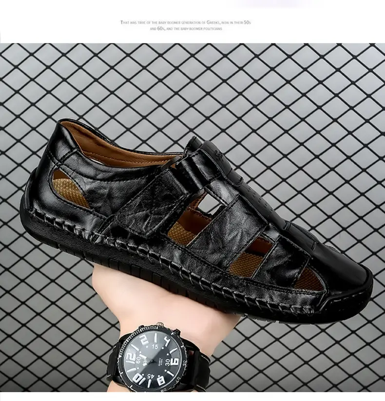 (Cross-border trading), fashionable leather men's slippers with decorative stitching, beach trend sandals, genuine leather, summer 2024 — chobi 14