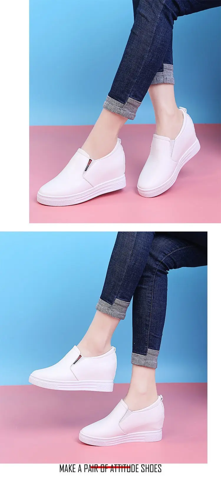 Autumn universal white sneakers with hidden heel wedge heel platform, casual loafers for students — chobi 31