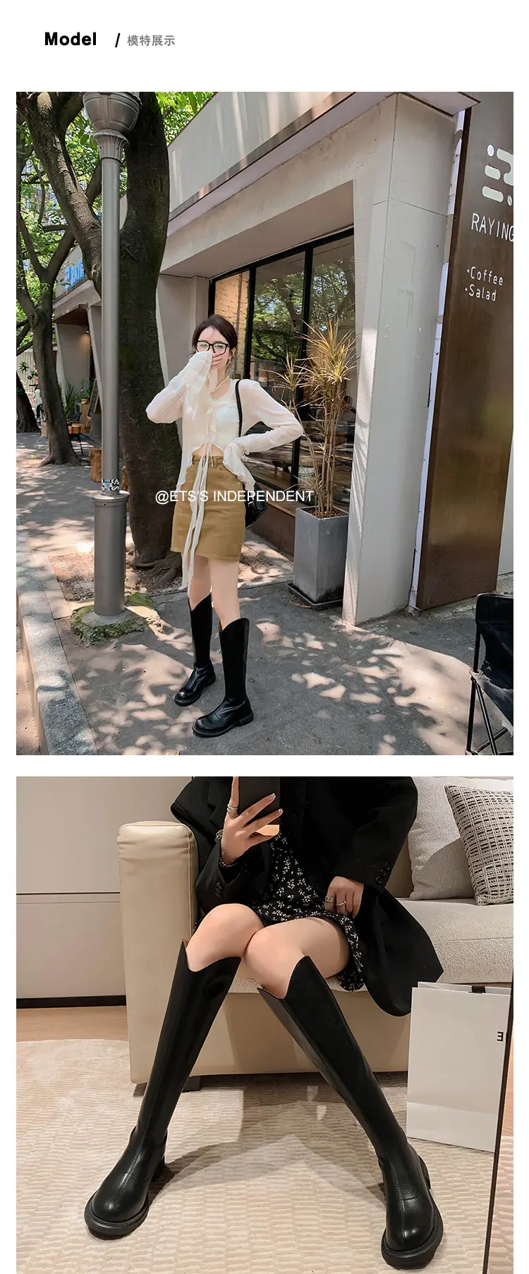 Denim demi-season high boots, visually slimming, genuine leather, 2023 — chobi 11