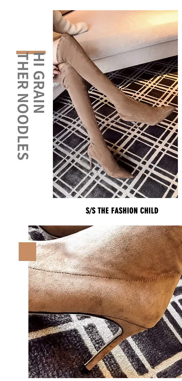 Demi-season black suede high boots pointed-toe stiletto heels, (Physicals), visually slimming — chobi 9