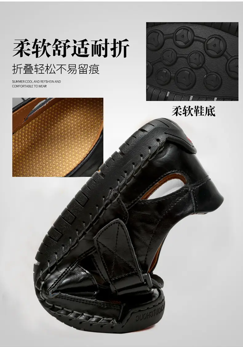 (Cross-border trading), fashionable leather men's slippers with decorative stitching, beach trend sandals, genuine leather, summer 2024 — chobi 11