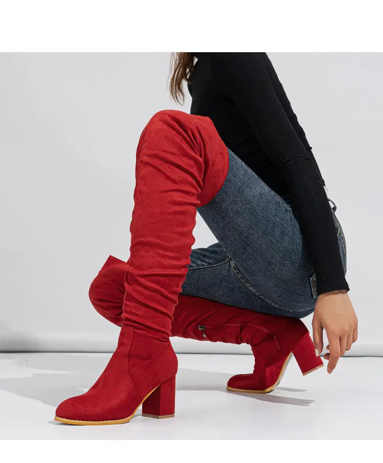 Spot - New foreign trade over-knee boots soft-faced natural wrinkled thick-heeled outdoor street catwalk women's boots size 35-42 — chobi 11