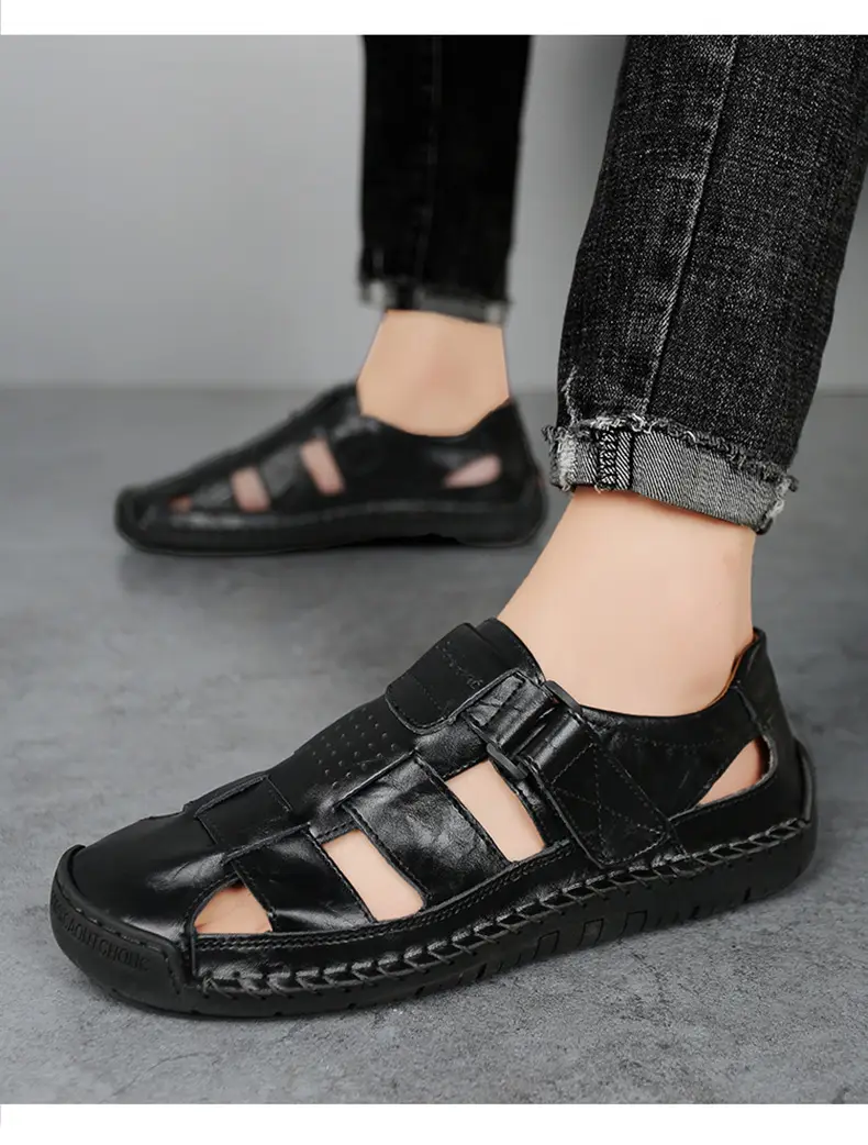 (Cross-border trading), fashionable leather men's slippers with decorative stitching, beach trend sandals, genuine leather, summer 2024 — chobi 18