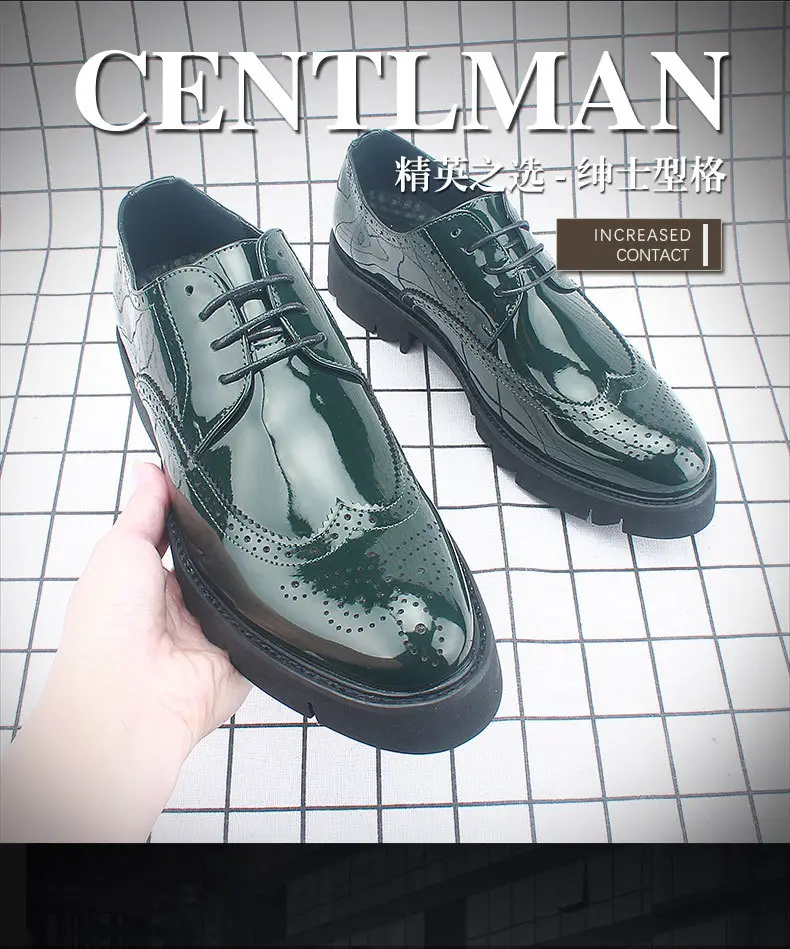 Thick-soled European and American brogue spring and autumn height increasing shoes for men 12cm carved business leather shoes patent leather bright le — chobi 3