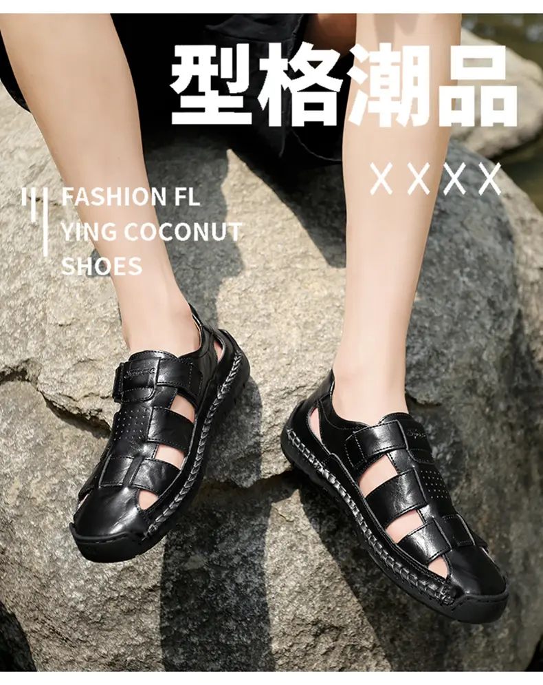 (Cross-border trading), fashionable leather men's slippers with decorative stitching, beach trend sandals, genuine leather, summer 2024 — chobi 3