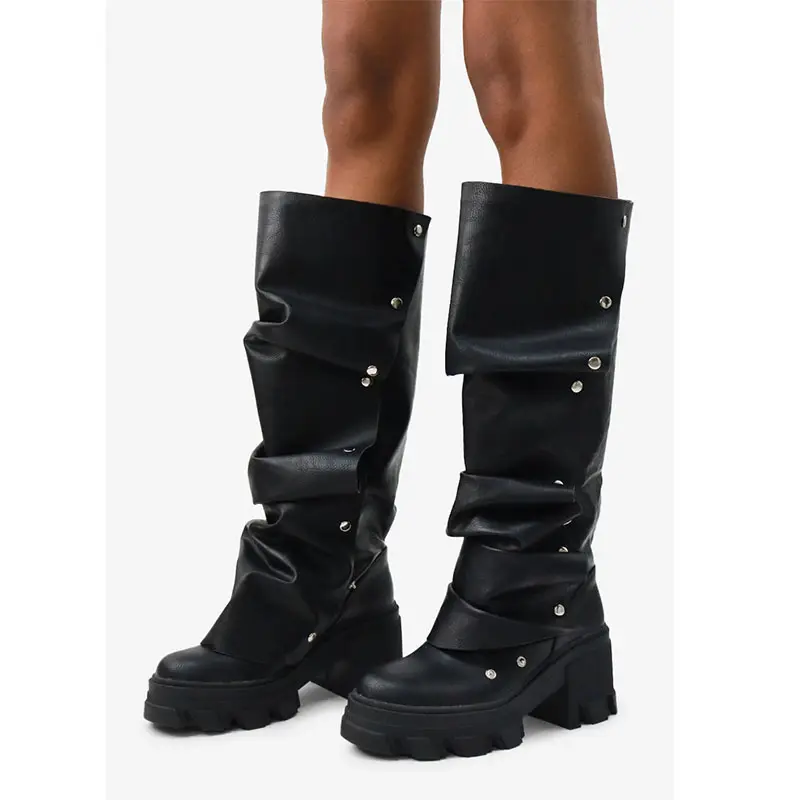 (Cross-border trading), high boots heels platform with studs, metallic color, wide stable heel, round toe, can be worn in two ways, plus size — chobi 7