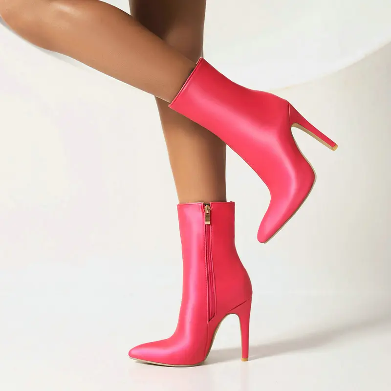 Demi-season cloth pointed-toe stiletto heels with extremely high heels made of satin, chain with zipper, ankle boots, low boots — chobi 10
