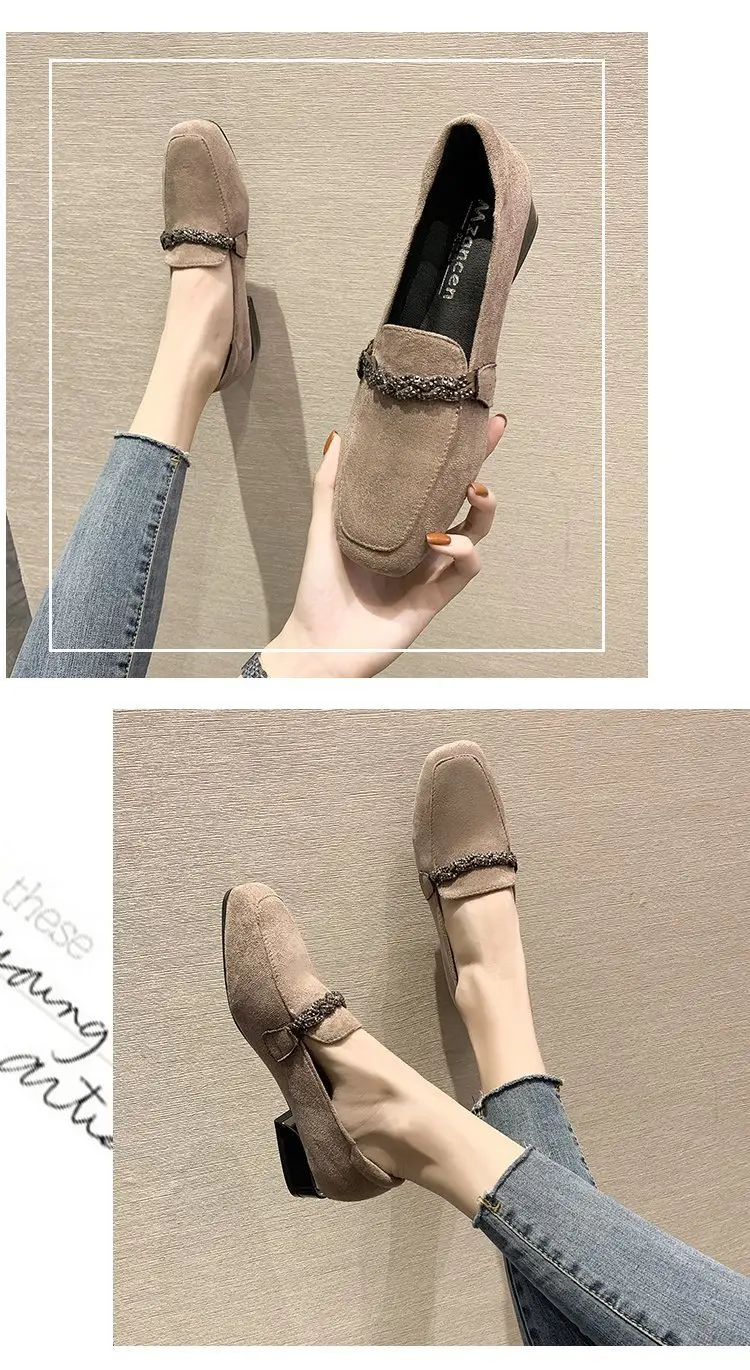 Suede autumn shoes flat English style square toe, loafers, Korean style, British style, low heel, wide stable heel, French vintage style, non-slip sol — chobi 17