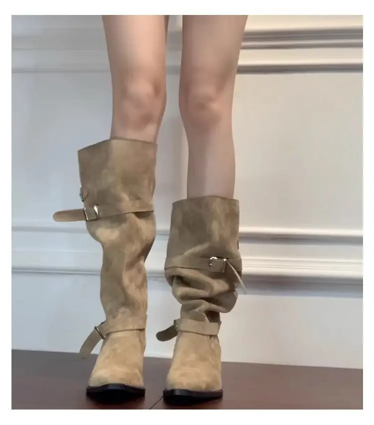 Autumn khaki suede high boots pointed-toe, 2026 years, wide stable heel, visually slimming — chobi 7