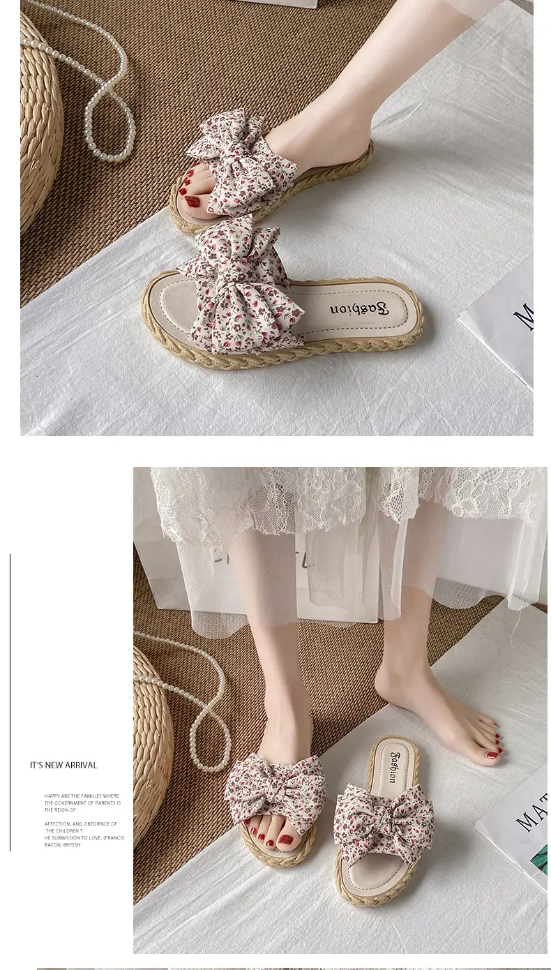 Women's summer fashionable beach footwear with bow, sandals flat, women's slippers, Collection Year 2024, suitable for outdoor wear — chobi 13