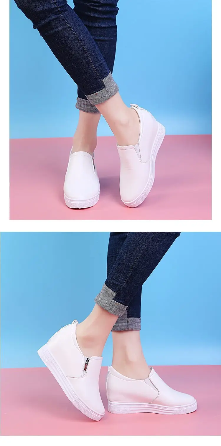 Autumn universal white sneakers with hidden heel wedge heel platform, casual loafers for students — chobi 28