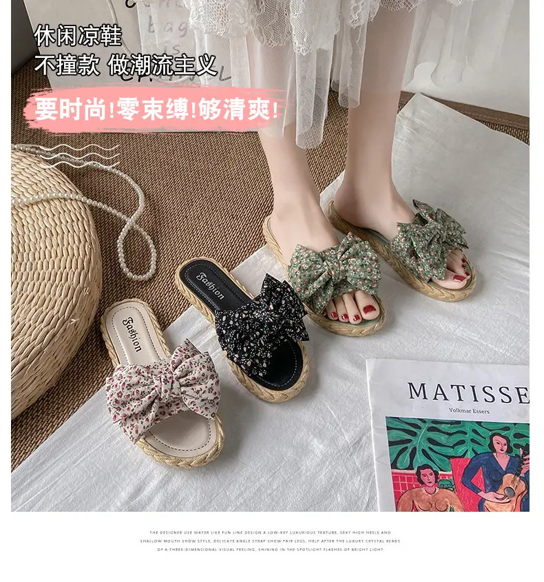 Women's summer fashionable beach footwear with bow, sandals flat, women's slippers, Collection Year 2024, suitable for outdoor wear — chobi 4