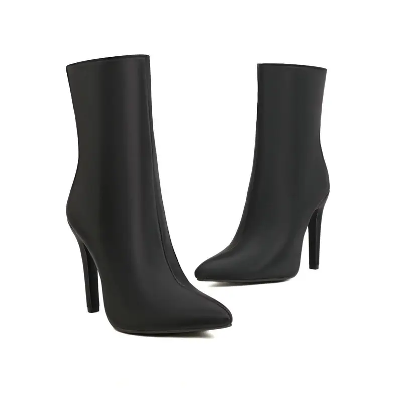 Demi-season cloth pointed-toe stiletto heels with extremely high heels made of satin, chain with zipper, ankle boots, low boots — chobi 20