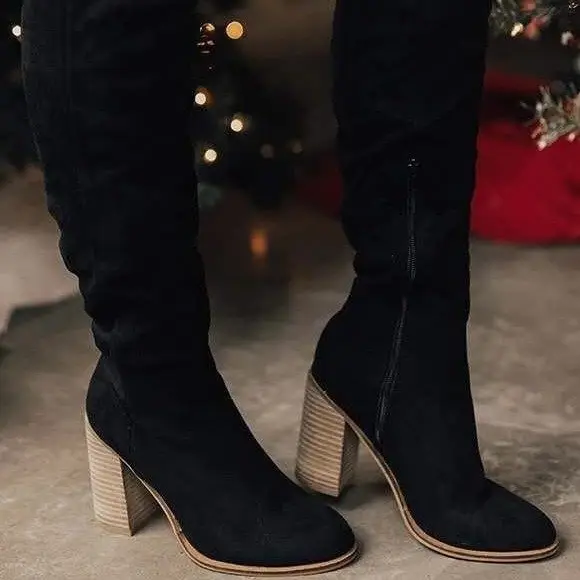 Women over -the -knee boots 2020 autumn and winter new rough heels high -heeled small, lean fluff boots women's side zipper long and winter — chobi 9