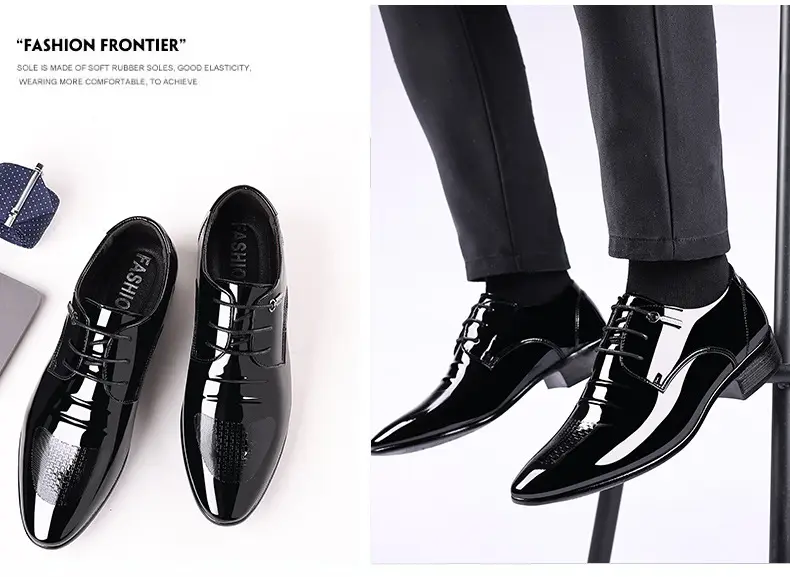 Men's demi-season shoes made of patent leather, slip-ons pointed-toe, low classic suit jacket, plus size — chobi 14