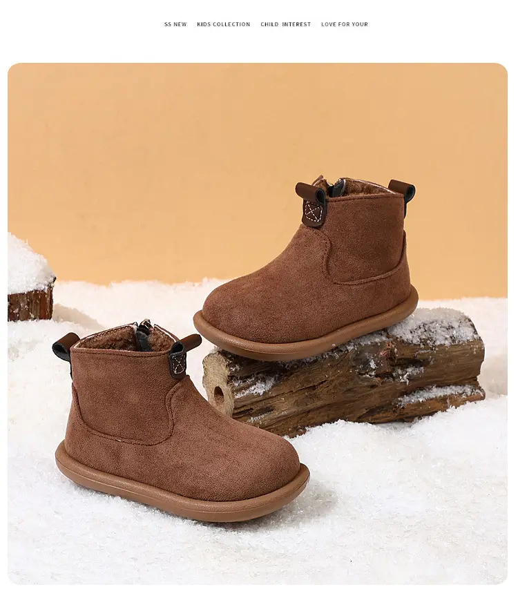 Children's plus velvet Martin boots new winter style girls' versatile Maillard cotton boots British style boys' solid color plus velvet cotton boots — chobi 35