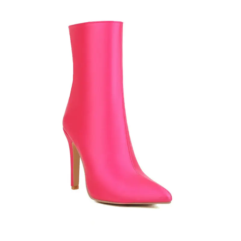 Demi-season cloth pointed-toe stiletto heels with extremely high heels made of satin, chain with zipper, ankle boots, low boots — chobi 11