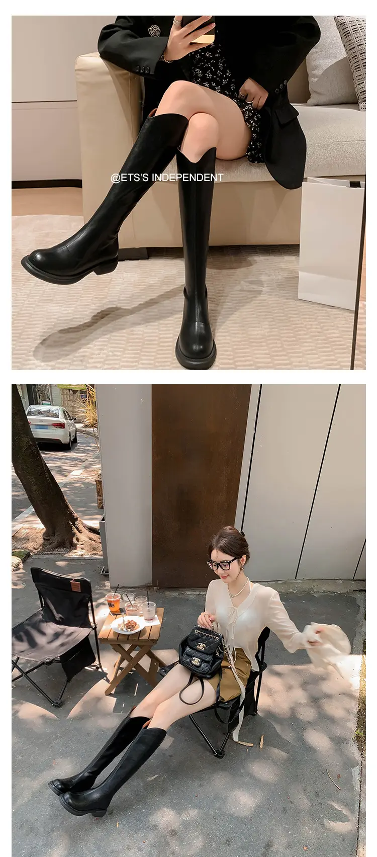 Denim demi-season high boots, visually slimming, genuine leather, 2023 — chobi 13