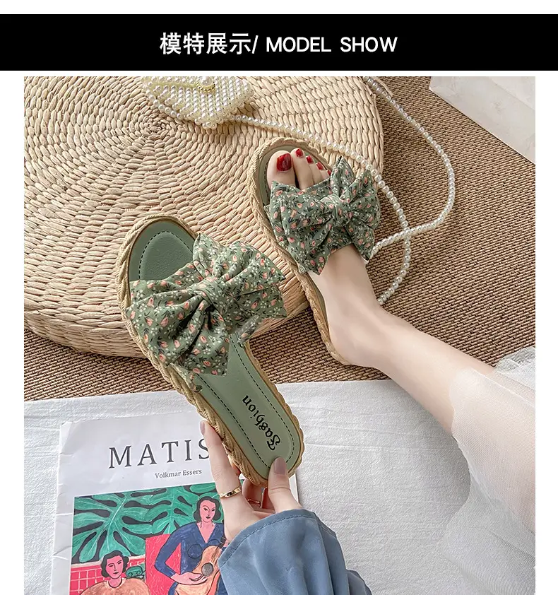 Women's summer fashionable beach footwear with bow, sandals flat, women's slippers, Collection Year 2024, suitable for outdoor wear — chobi 10
