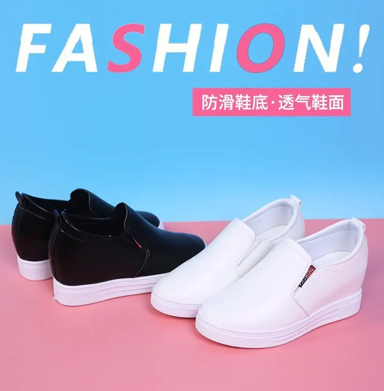Autumn universal white sneakers with hidden heel wedge heel platform, casual loafers for students — chobi 16