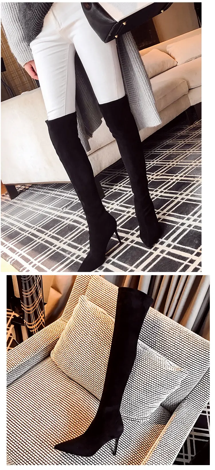 Demi-season black suede high boots pointed-toe stiletto heels, (Physicals), visually slimming — chobi 12