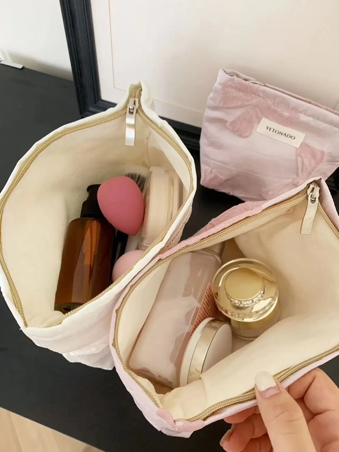 Retro cosmetic bag with bow, lipstick for skin care, handheld capacious storage bag — chobi 19