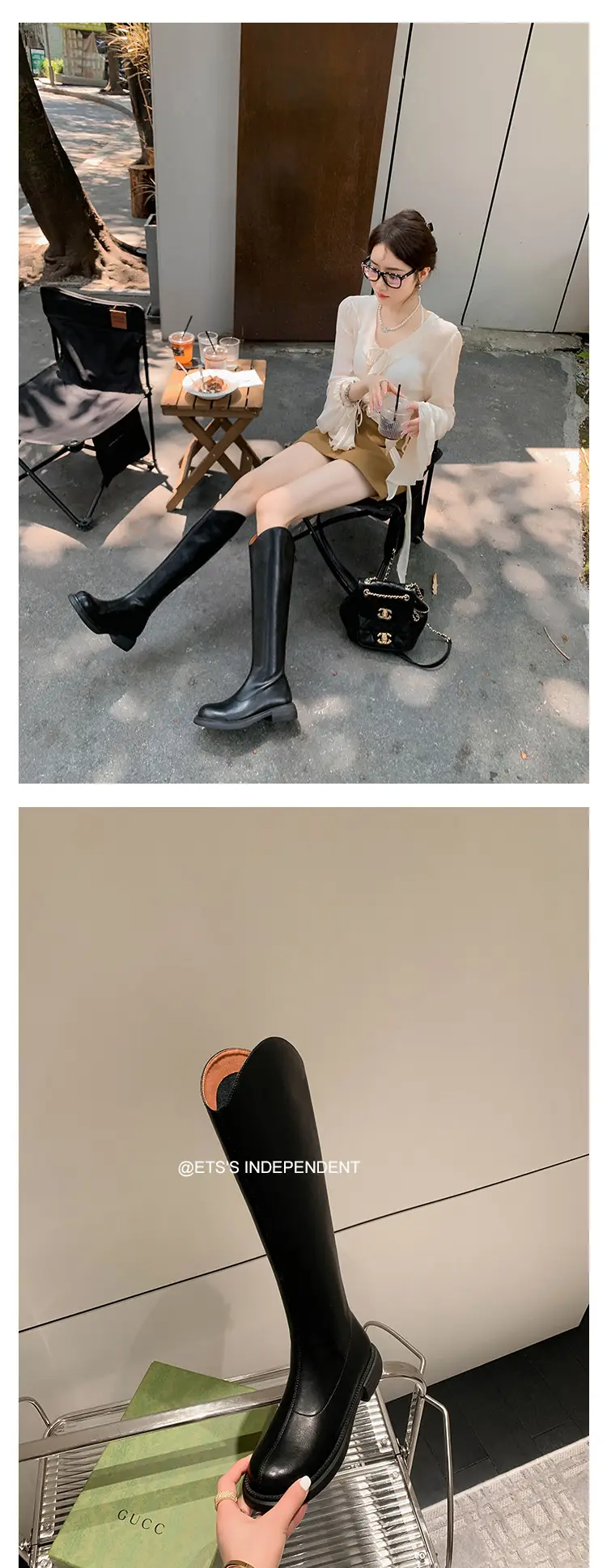 Denim demi-season high boots, visually slimming, genuine leather, 2023 — chobi 18