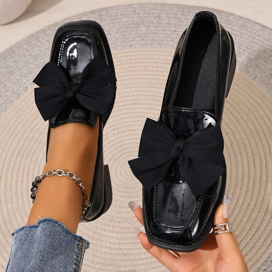 (Cross-border trading), black loafers English style flat with bow, Collection Year 2026, plus size, British style, easy to put on — chobi 6