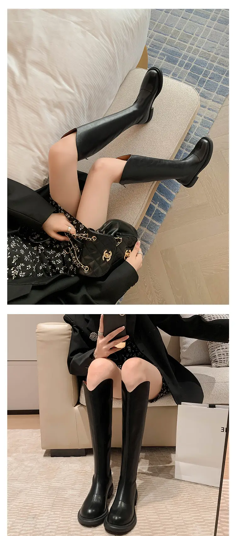 Denim demi-season high boots, visually slimming, genuine leather, 2023 — chobi 16