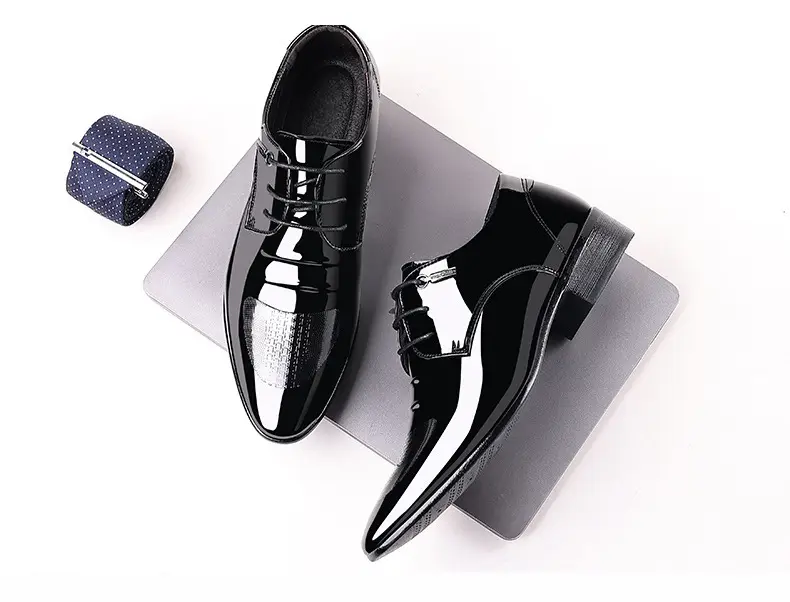 Men's demi-season shoes made of patent leather, slip-ons pointed-toe, low classic suit jacket, plus size — chobi 16
