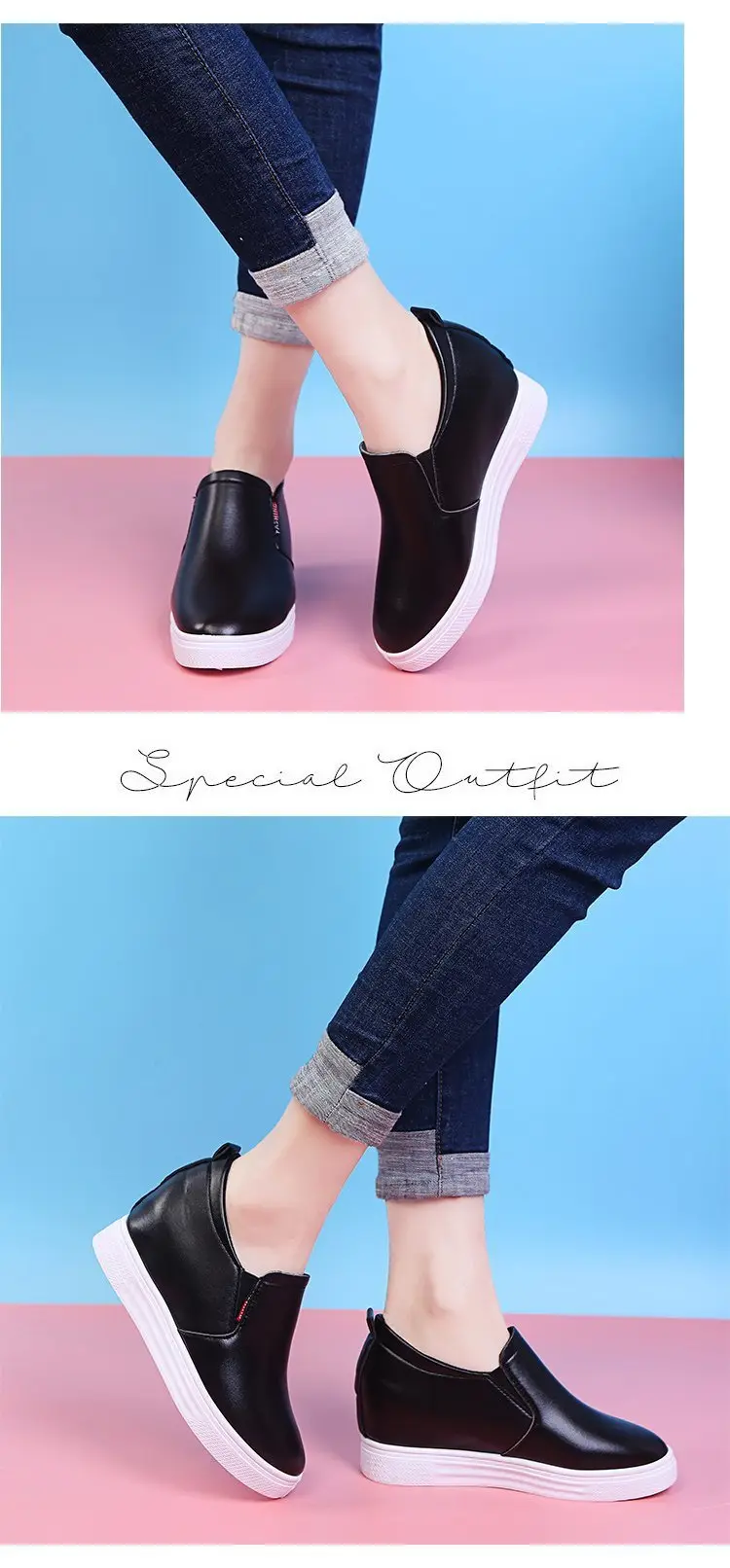 Autumn universal white sneakers with hidden heel wedge heel platform, casual loafers for students — chobi 34