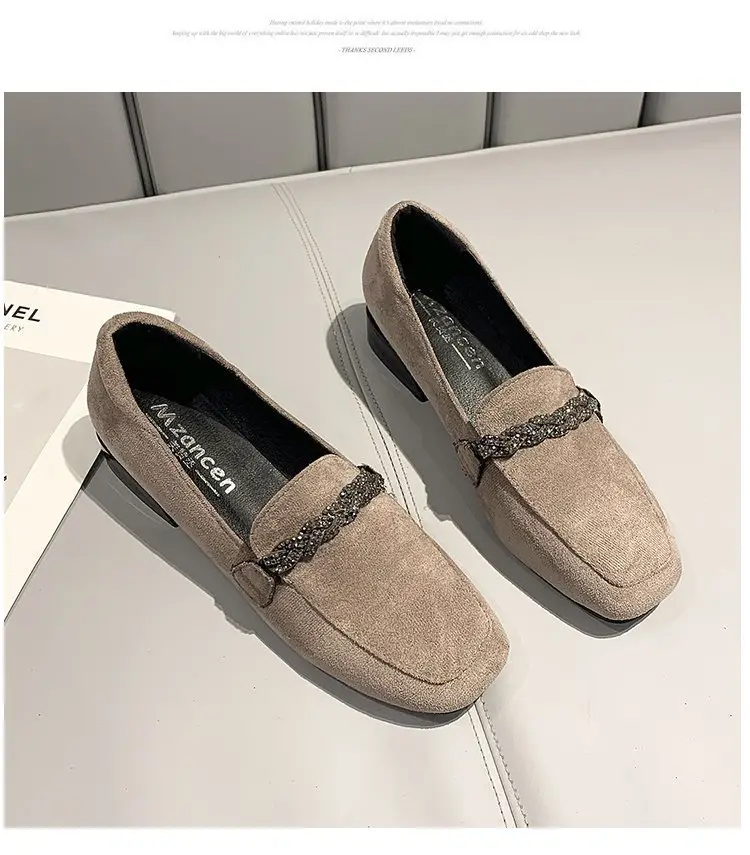 Suede autumn shoes flat English style square toe, loafers, Korean style, British style, low heel, wide stable heel, French vintage style, non-slip sol — chobi 26