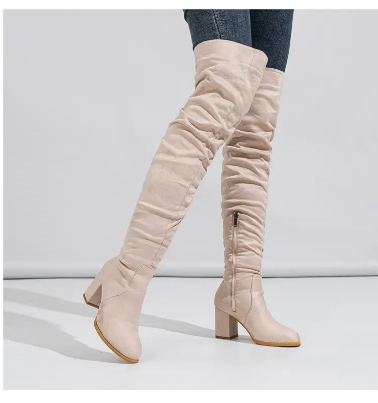 Spot - New foreign trade over-knee boots soft-faced natural wrinkled thick-heeled outdoor street catwalk women's boots size 35-42 — chobi 6