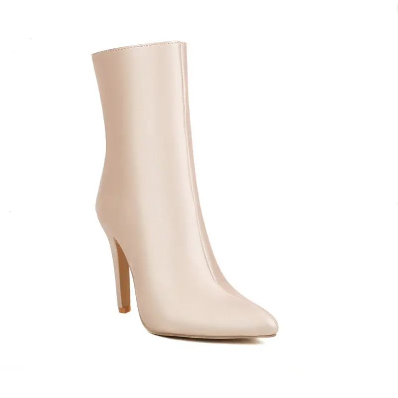 Demi-season cloth pointed-toe stiletto heels with extremely high heels made of satin, chain with zipper, ankle boots, low boots — chobi 15