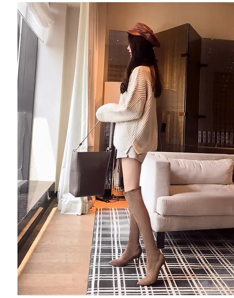 Demi-season black suede high boots pointed-toe stiletto heels, (Physicals), visually slimming — chobi 11