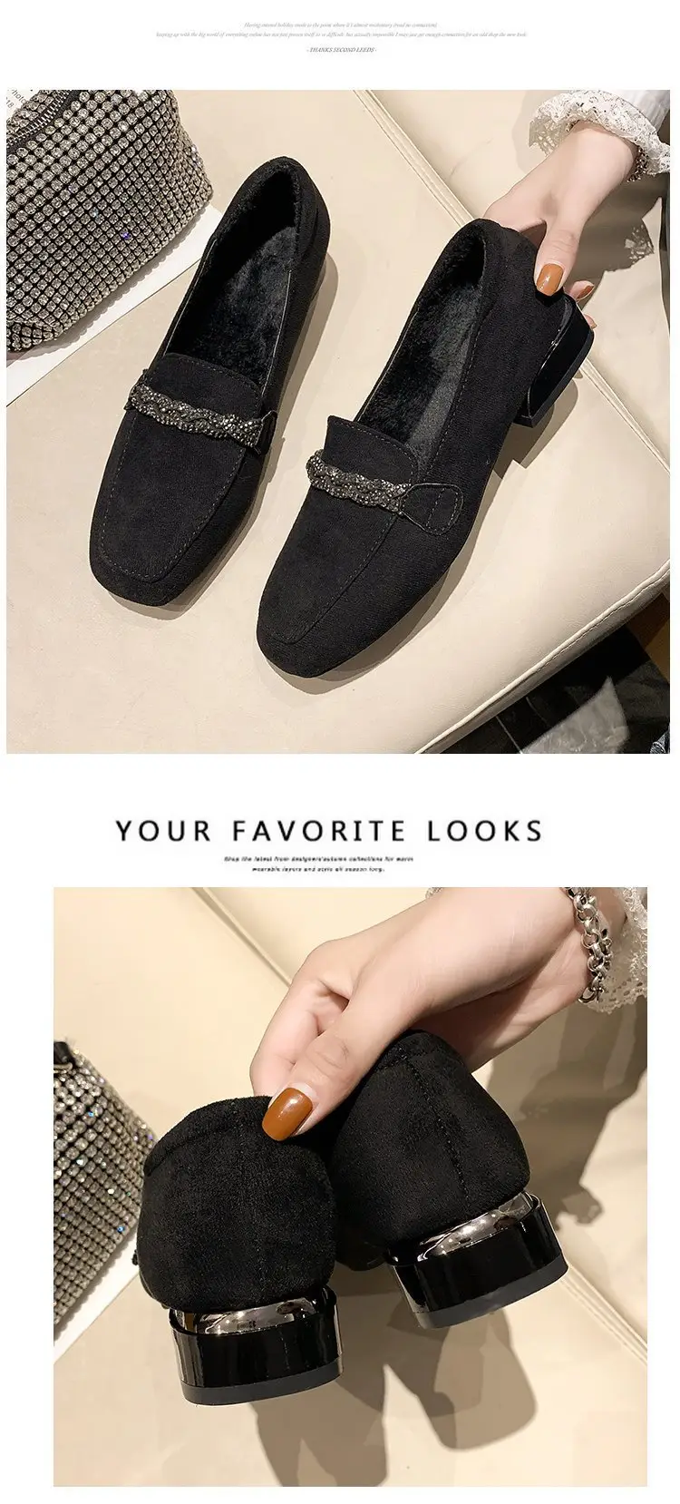 Suede autumn shoes flat English style square toe, loafers, Korean style, British style, low heel, wide stable heel, French vintage style, non-slip sol — chobi 21