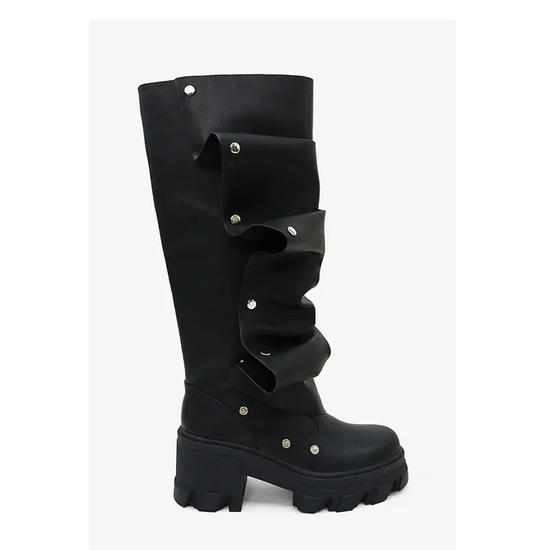 (Cross-border trading), high boots heels platform with studs, metallic color, wide stable heel, round toe, can be worn in two ways, plus size — chobi 9