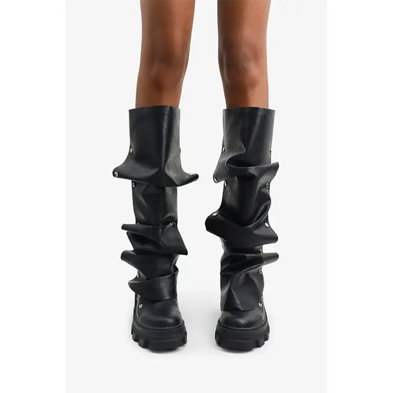 (Cross-border trading), high boots heels platform with studs, metallic color, wide stable heel, round toe, can be worn in two ways, plus size — chobi 4