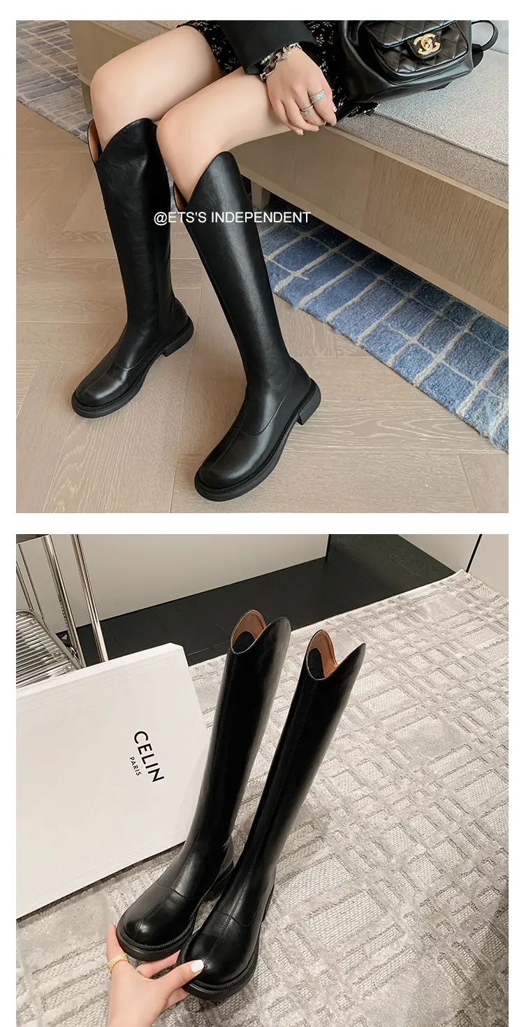 Denim demi-season high boots, visually slimming, genuine leather, 2023 — chobi 17
