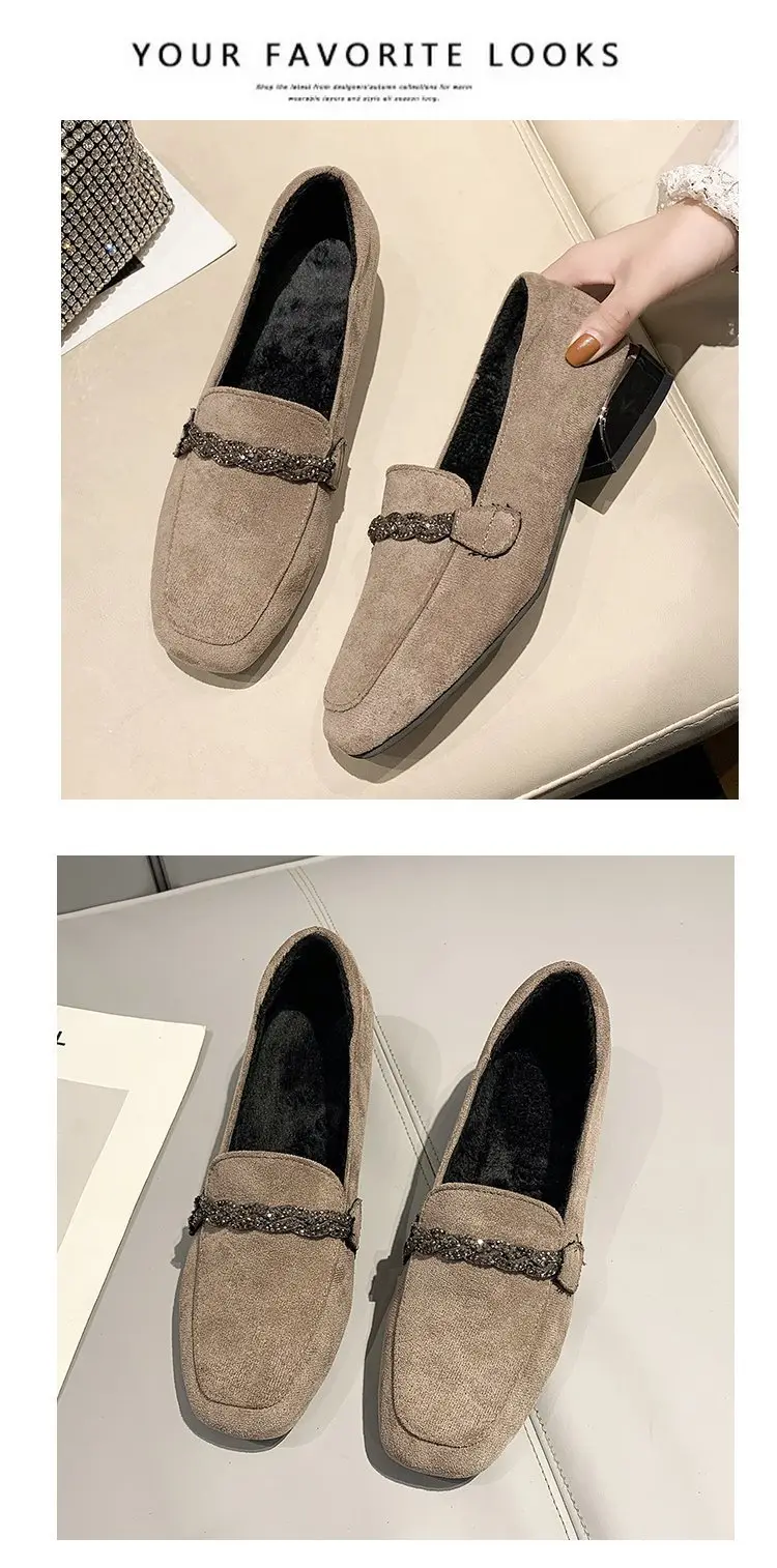 Suede autumn shoes flat English style square toe, loafers, Korean style, British style, low heel, wide stable heel, French vintage style, non-slip sol — chobi 24