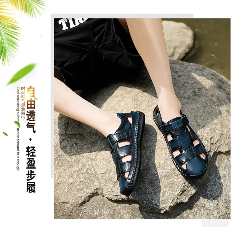 (Cross-border trading), fashionable leather men's slippers with decorative stitching, beach trend sandals, genuine leather, summer 2024 — chobi 7