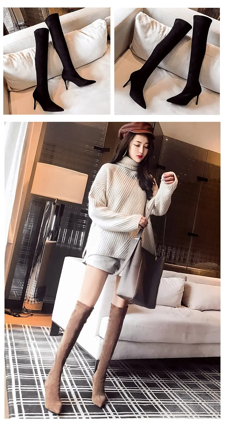 Demi-season black suede high boots pointed-toe stiletto heels, (Physicals), visually slimming — chobi 6