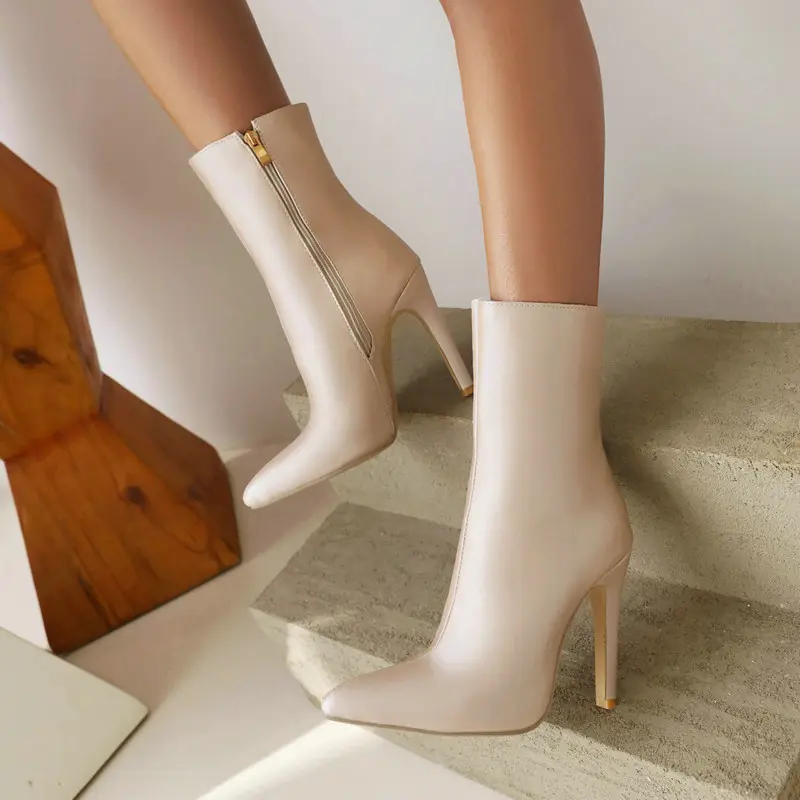 Demi-season cloth pointed-toe stiletto heels with extremely high heels made of satin, chain with zipper, ankle boots, low boots — chobi 14