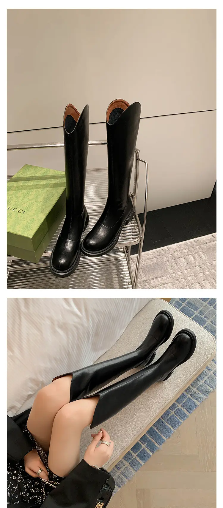 Denim demi-season high boots, visually slimming, genuine leather, 2023 — chobi 21
