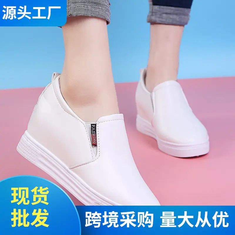 Autumn universal white sneakers with hidden heel wedge heel platform, casual loafers for students — chobi 12